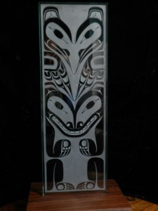 Wolf and Raven Totem Glass and maple 24"h x 8"w x .5"t  with base measuring  12" x 9" x 2"